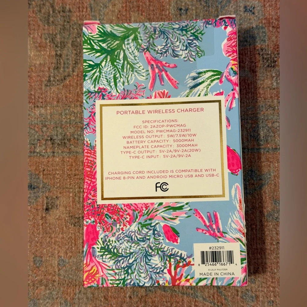 Brand New Lilly Pulitzer Portable Wireless Charger in Cay To My Heart Pink
